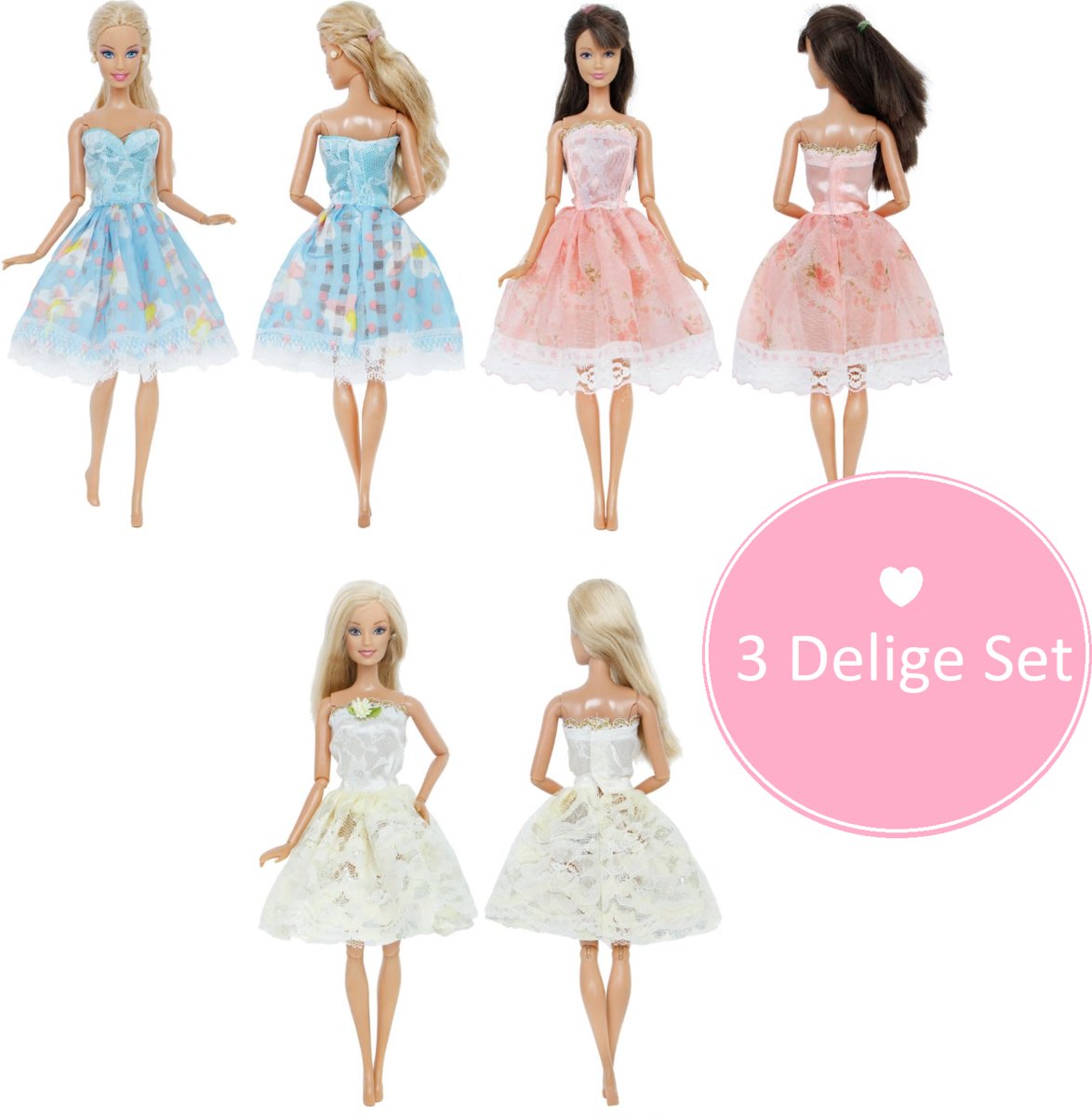 Voor de Pop | Vrolijke Pastel Lentejurkjes Set 3 | Voor Modepop | Barbie | Poppenkleren | Poppenaccessoires